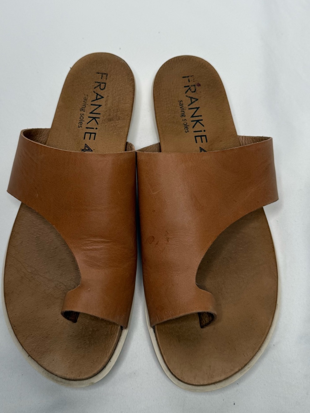 FRANKiE4 Women’s Brown Slip-On Slide Sandals Flat Heel Toe Loop Logo
